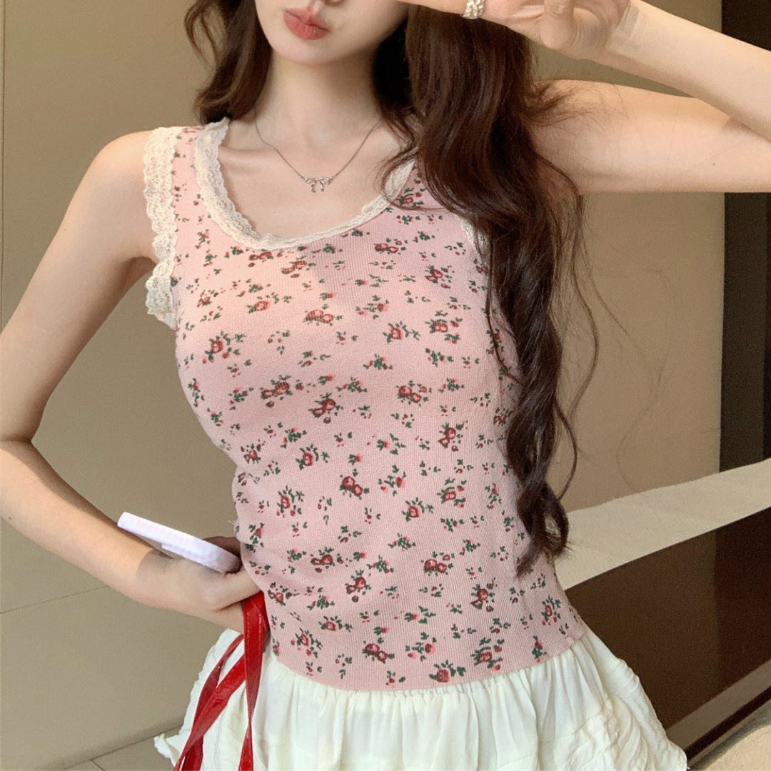 【即納】floral lace sleeveless tops lf3227