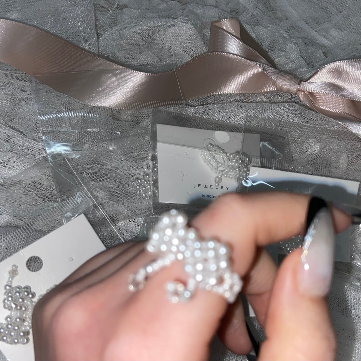 【即納】beaded pearl ribbon ring lf-s1031