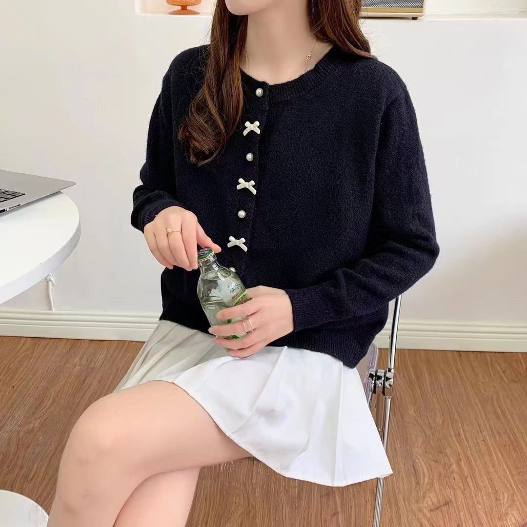 【即納】pearl and ribbon knit cardigan lf-s1016