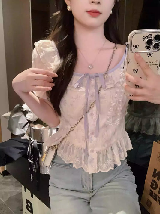 Lavender Ribbon Peplum Lace Blouse lf3404