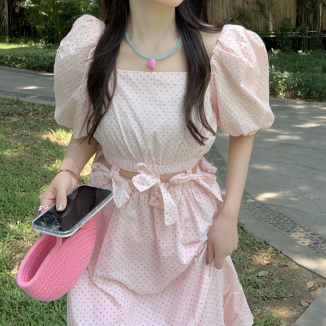 waist ribbon dot onepiece lf1525_1【即納】