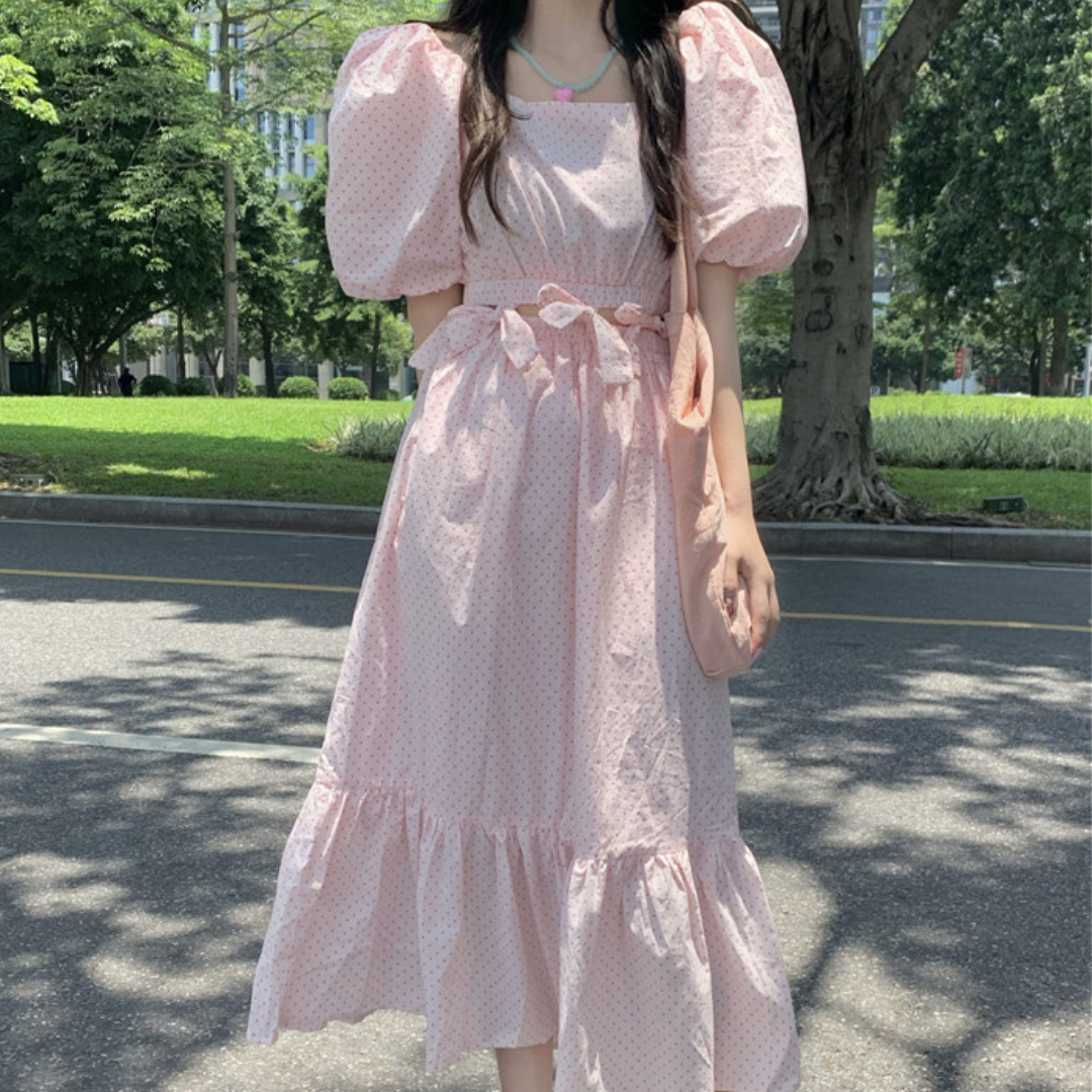 waist ribbon dot onepiece lf1525_1【即納】
