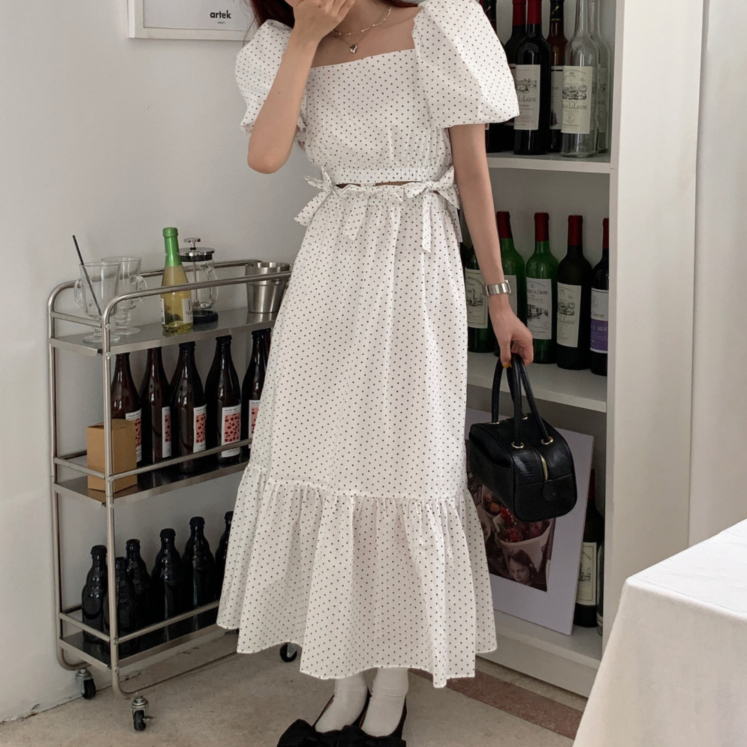 waist ribbon dot onepiece lf1525_1【即納】