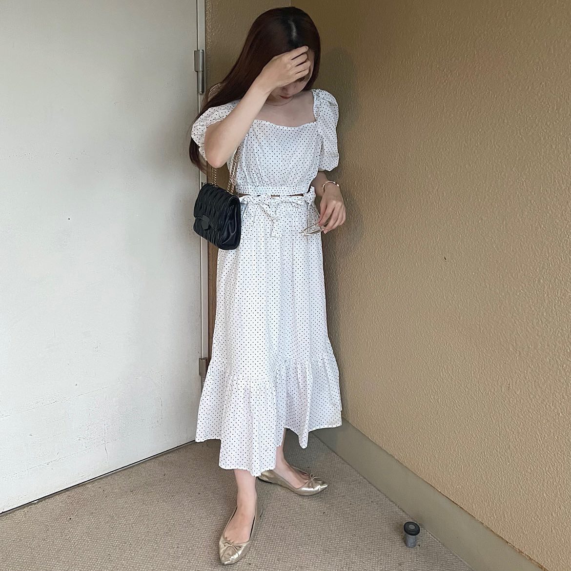 waist ribbon dot onepiece lf1525_1【即納】