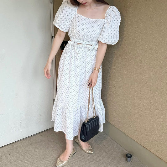 waist ribbon dot onepiece lf1525_1【即納】