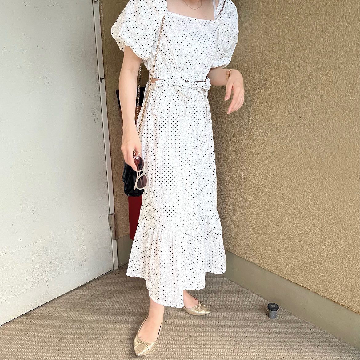 waist ribbon dot onepiece lf1525_1【即納】