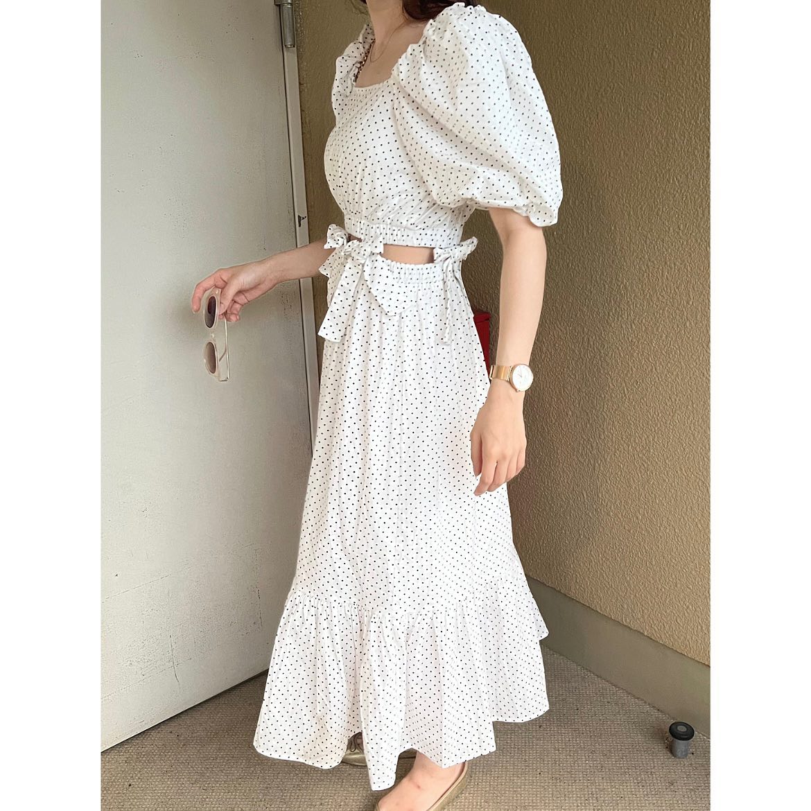 waist ribbon dot onepiece lf1525_1【即納】
