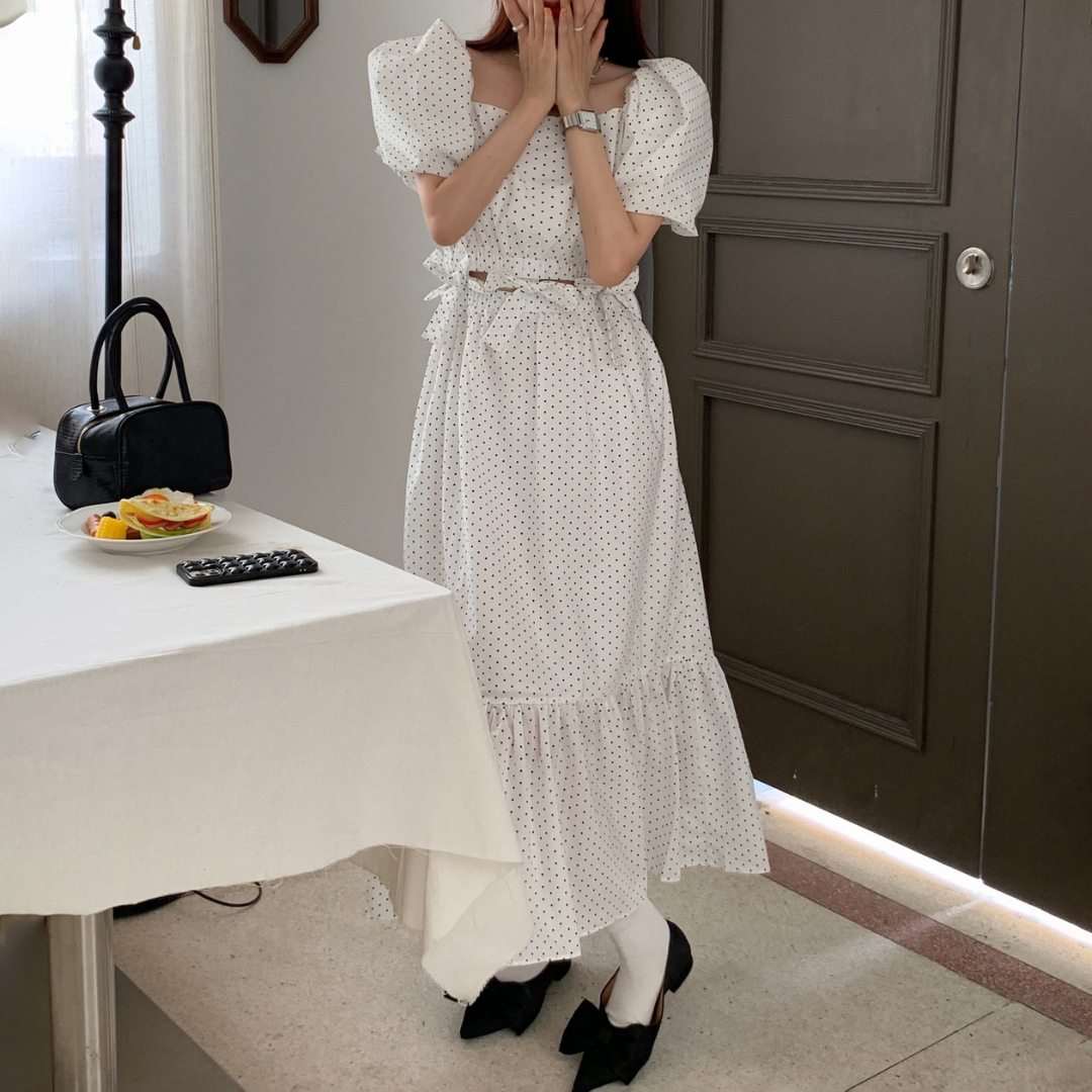 waist ribbon dot onepiece lf1525_1【即納】