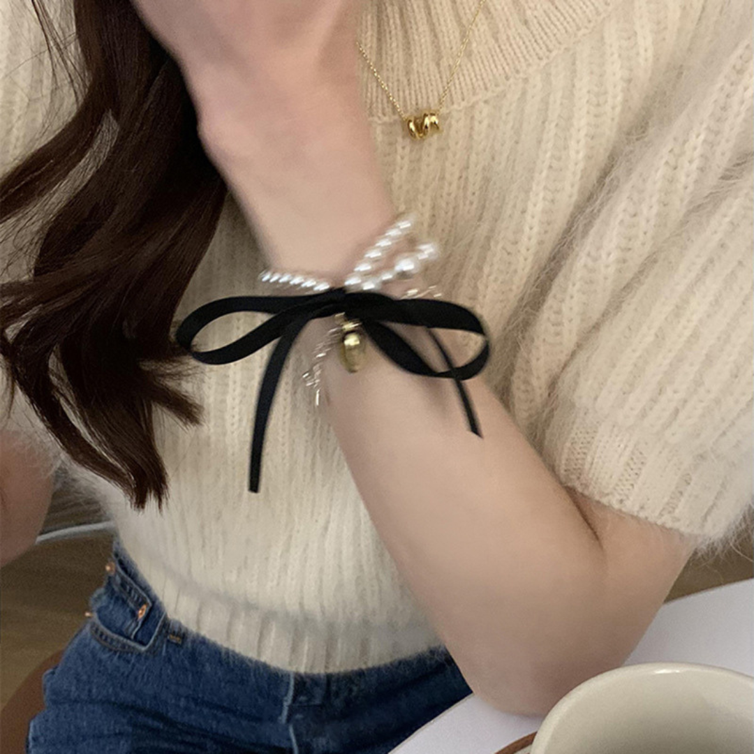 heart charm ribbon pearl bracelet lf1993