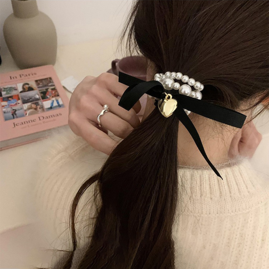 heart charm ribbon pearl bracelet lf1993