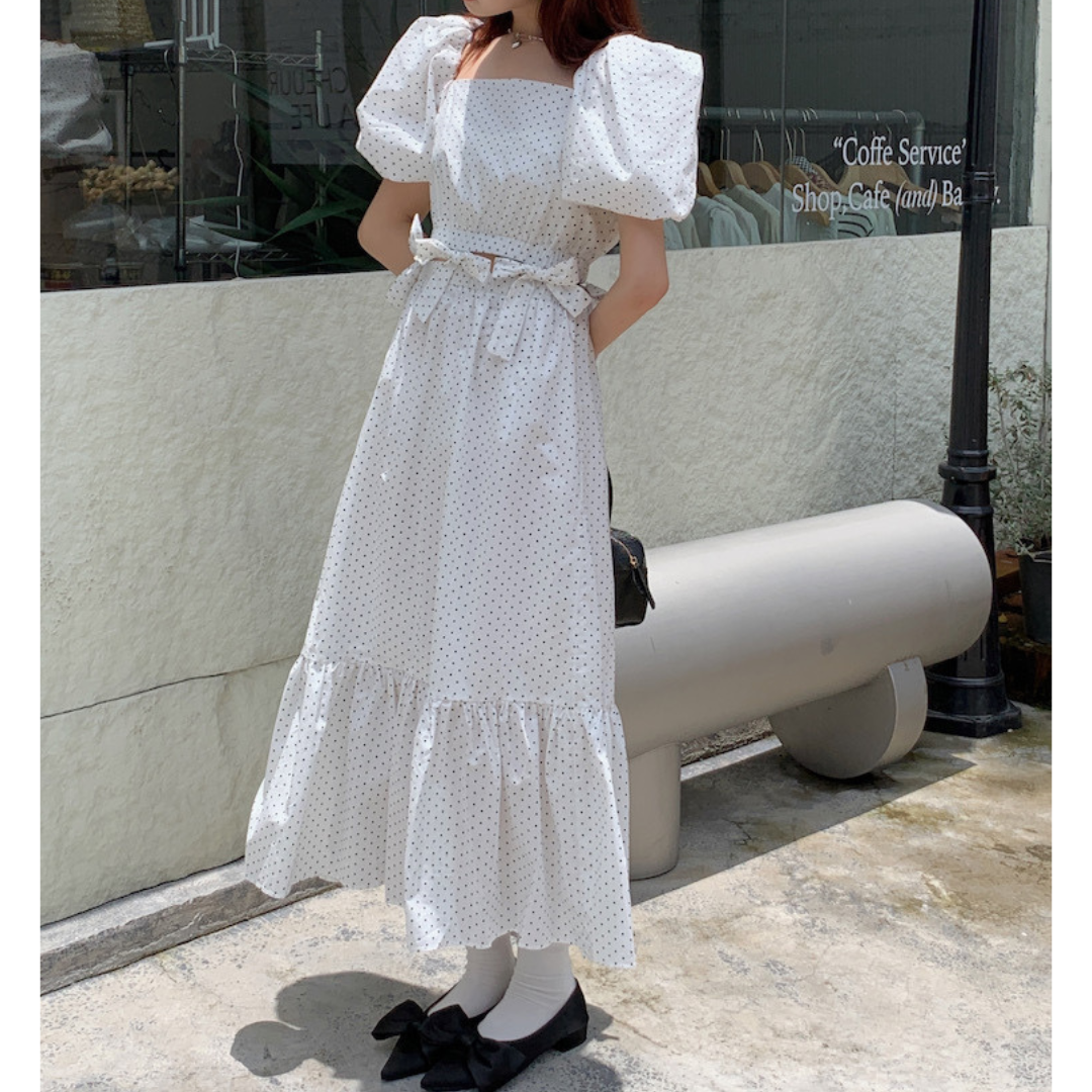 waist ribbon dot onepiece lf1525_1【即納】