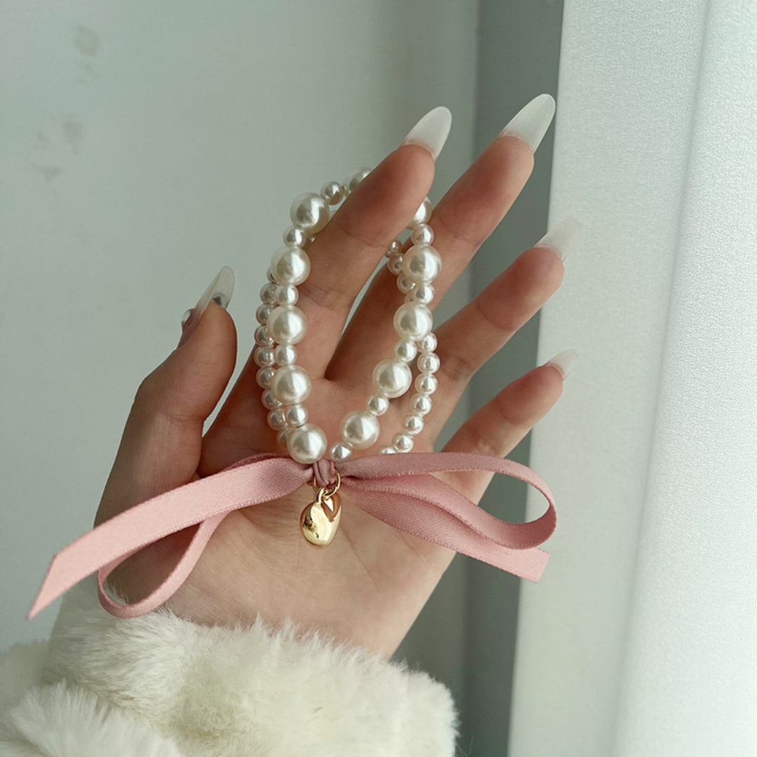 heart charm ribbon pearl bracelet lf1993
