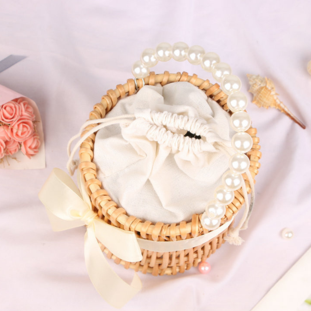 pearl ribbon straw bag lf1366【即納】