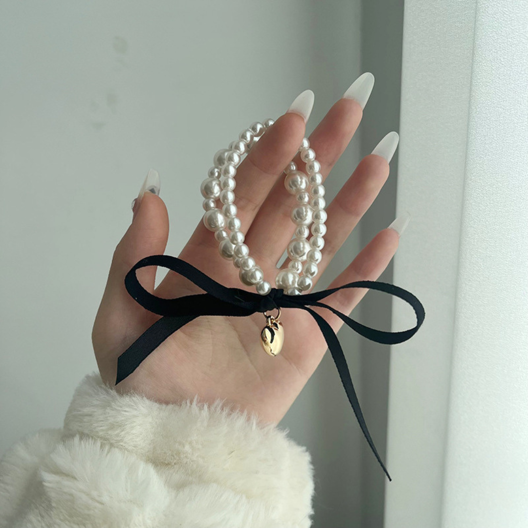 heart charm ribbon pearl bracelet lf1993