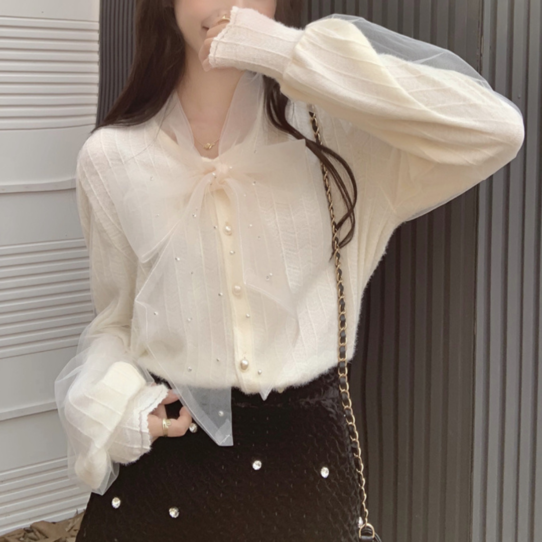 pearl ribbon tie tulle blouse lf2336-1【即納】