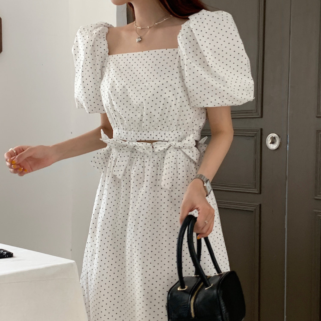 waist ribbon dot onepiece lf1525_1【即納】