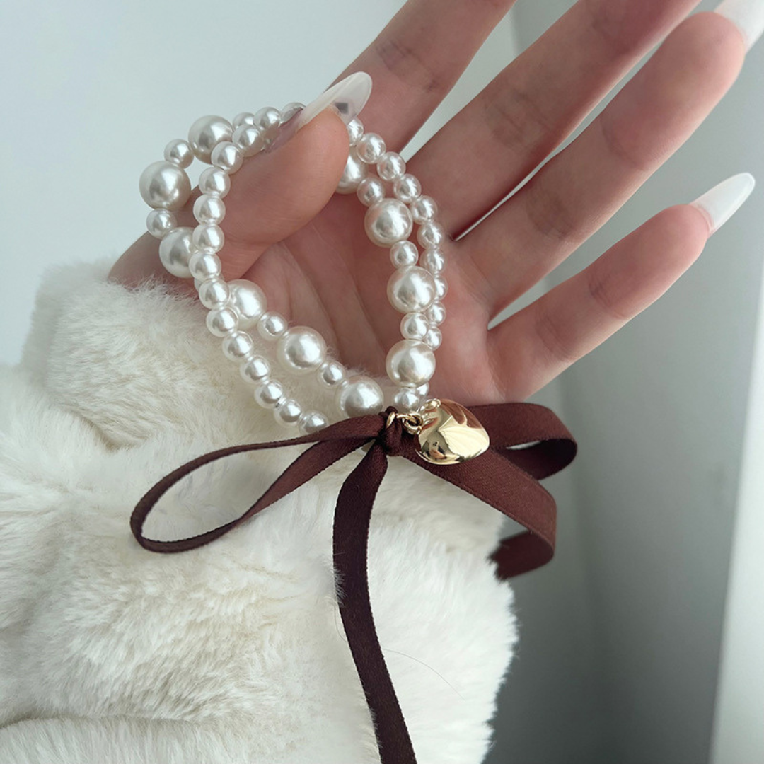 heart charm ribbon pearl bracelet lf1993