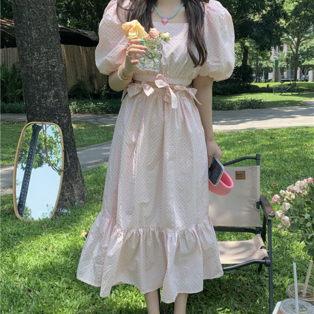 waist ribbon dot onepiece lf1525_1【即納】