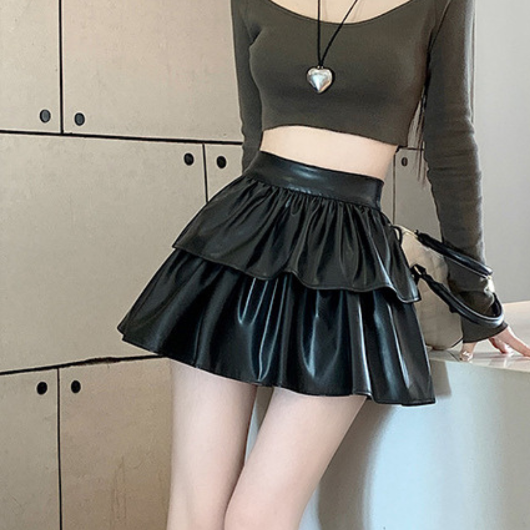 leather tiered frill mini skirt lf2576