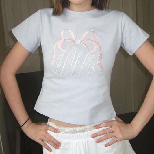 ribbon letter embroidery T-shirt lf3146