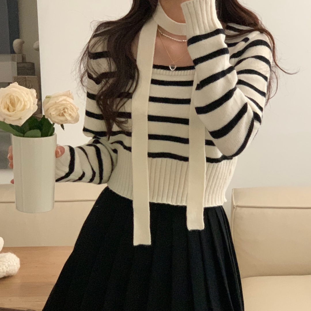 Striped spring knit with tie lf2918