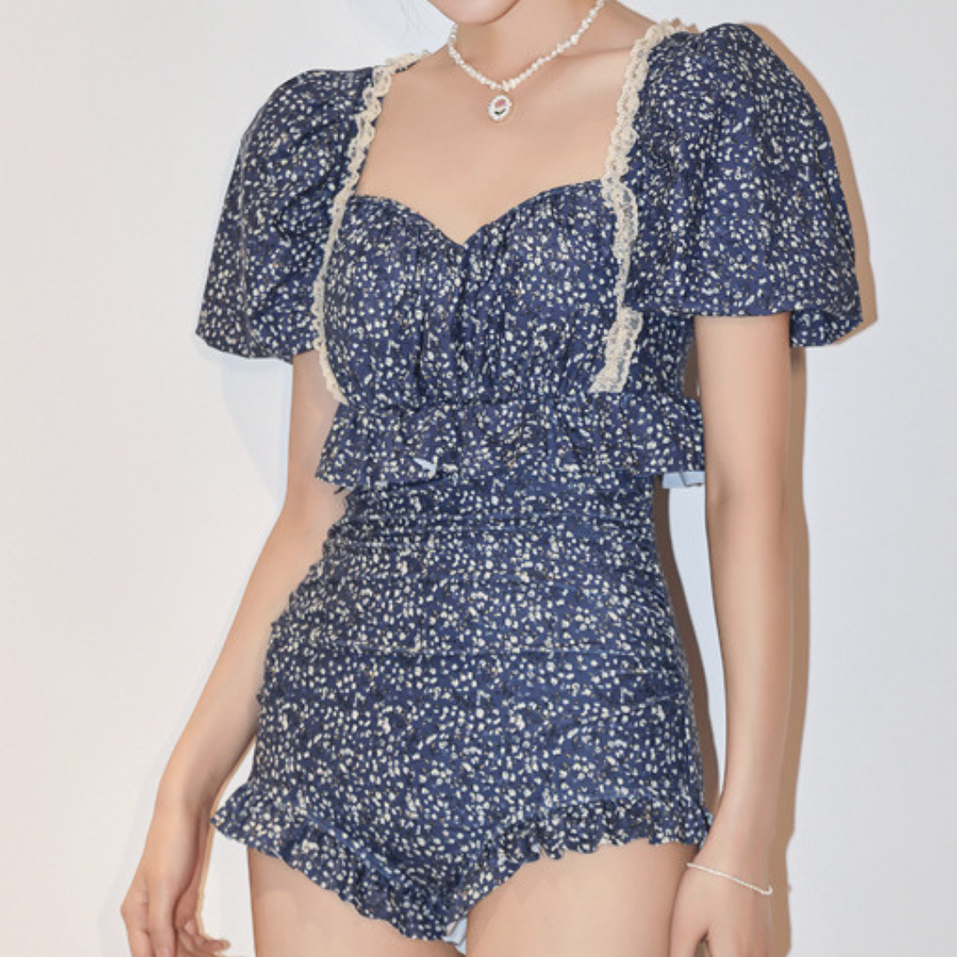 【即納】frill flower blue swim wear lf2483