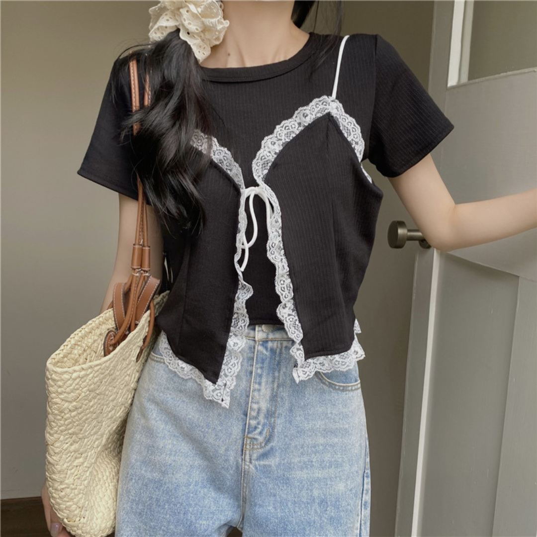 lace bustier short sleeve tops lf3272