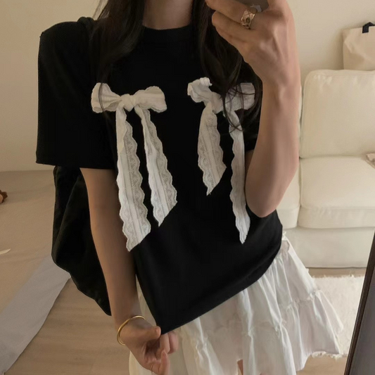 double lace ribbon T shirts lf3258