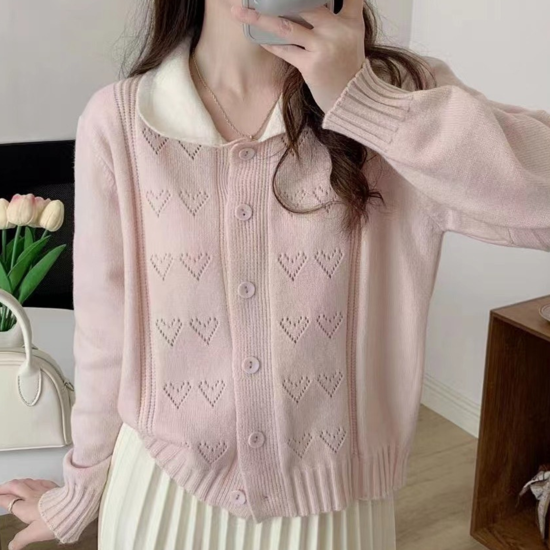 round collar heart pattern cardigan lf2940