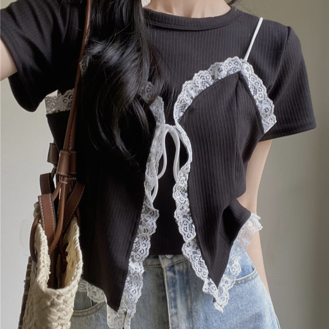 lace bustier short sleeve tops lf3272