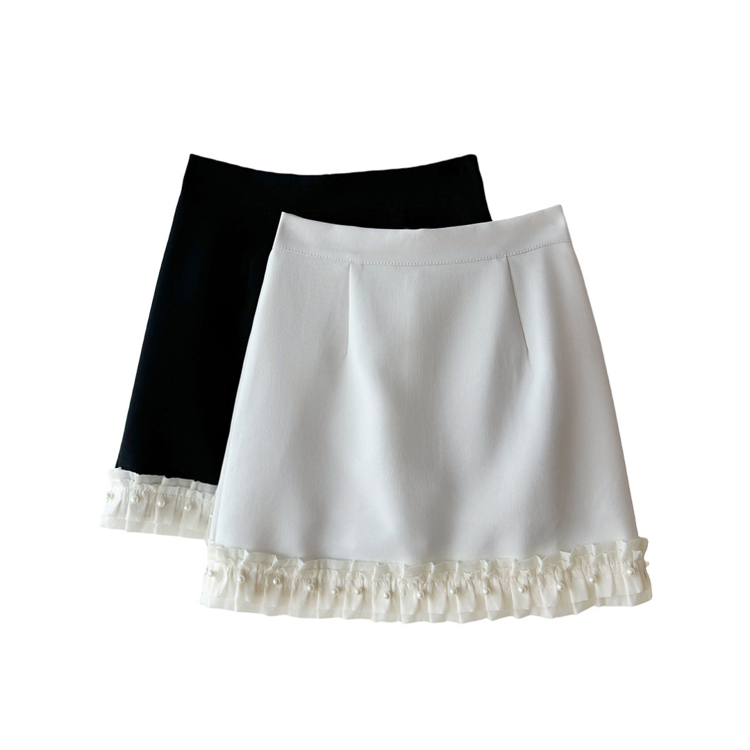 【即納】lace pearl trapezoid mini skirt lf3220