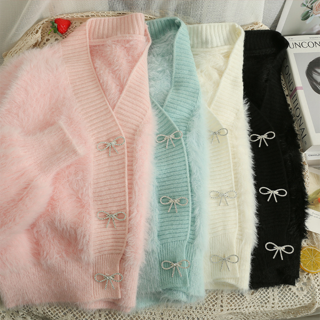 bijou ribbon shaggy knit cardigan lf2529