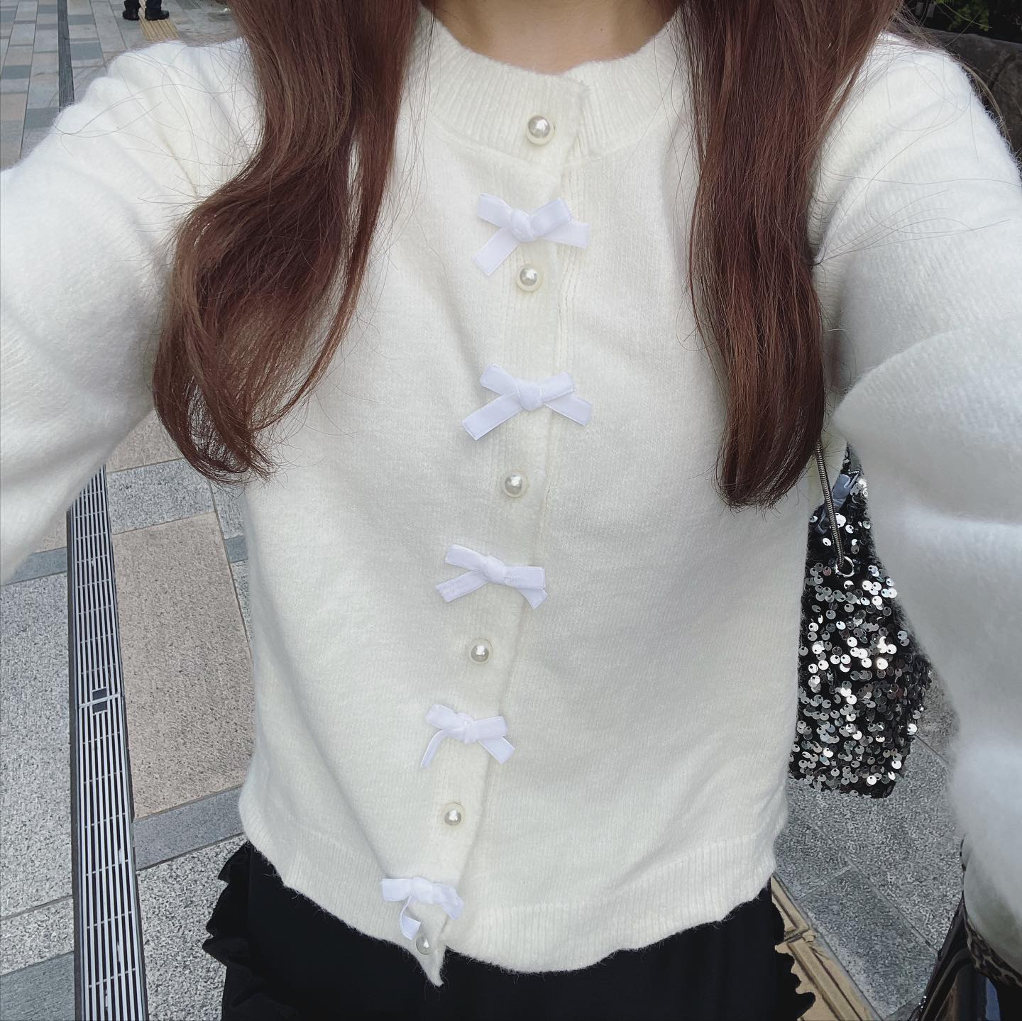 【即納】pearl and ribbon knit cardigan lf-s1016