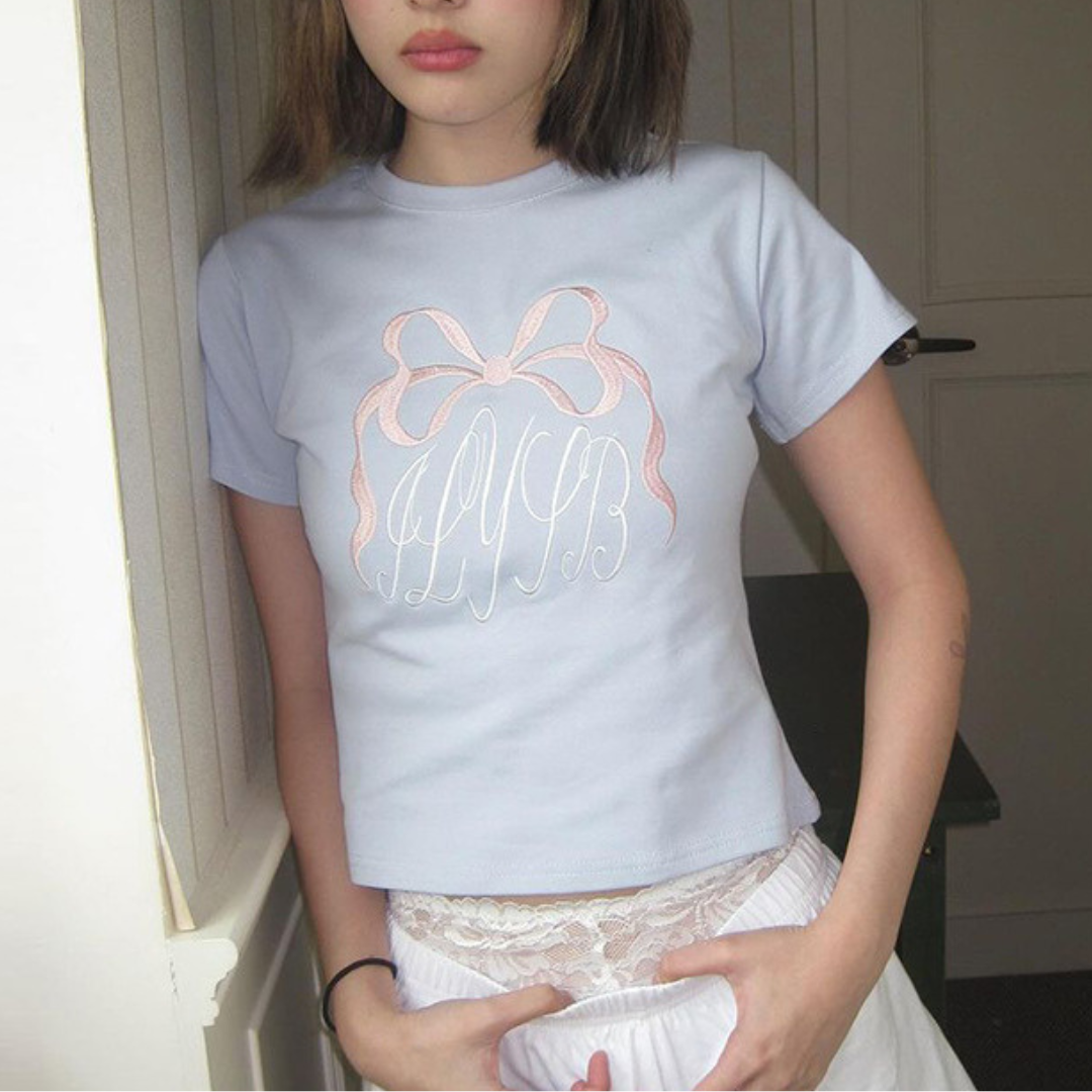 ribbon letter embroidery T-shirt lf3146