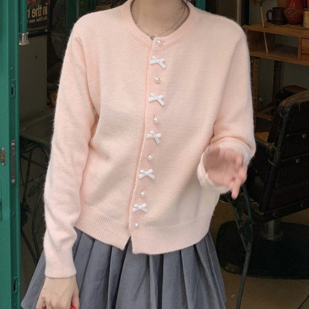 【即納】pearl and ribbon knit cardigan lf-s1016