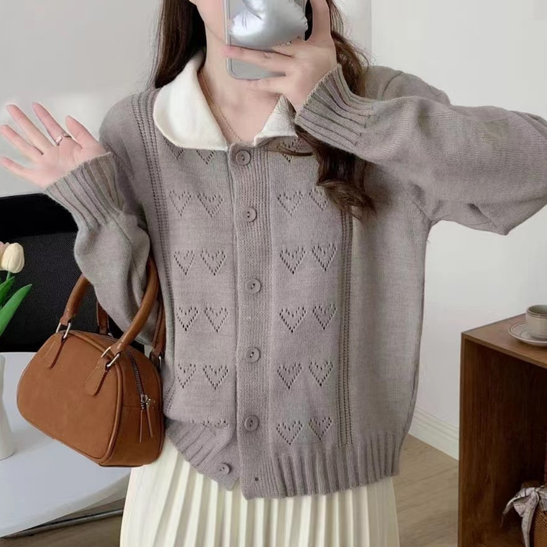 round collar heart pattern cardigan lf2940