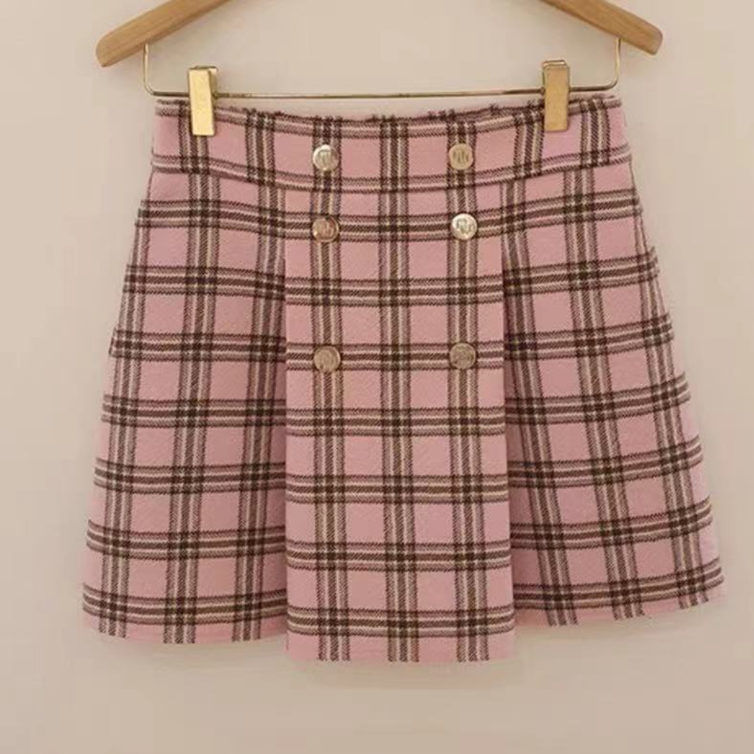 Double-rest pleated plaid skirt lf2875