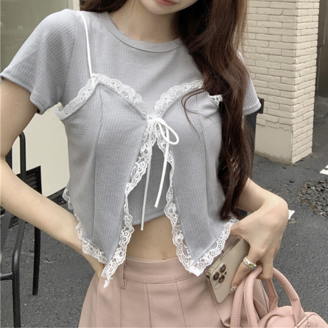 lace bustier short sleeve tops lf3272