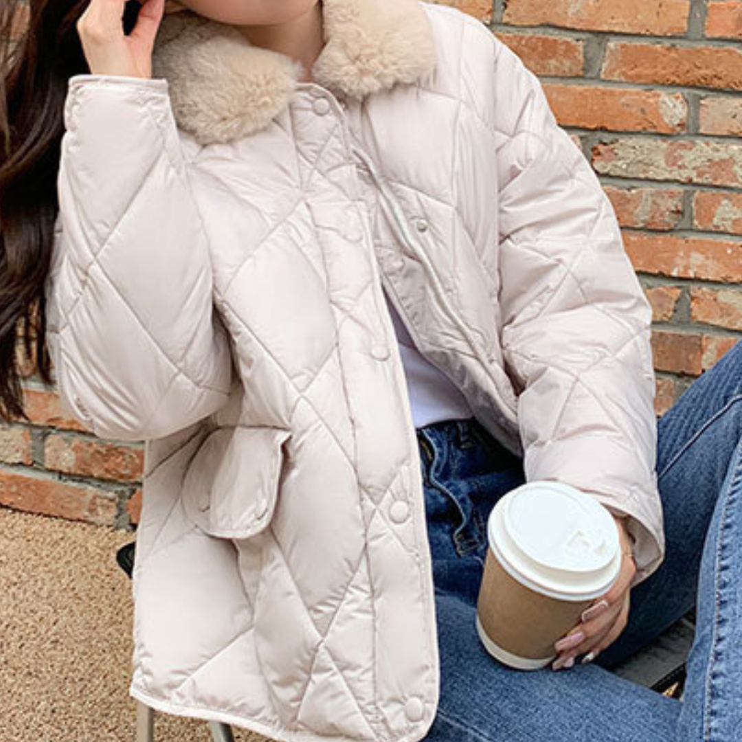【即納】fur collar latte quilting coat lf-s1007