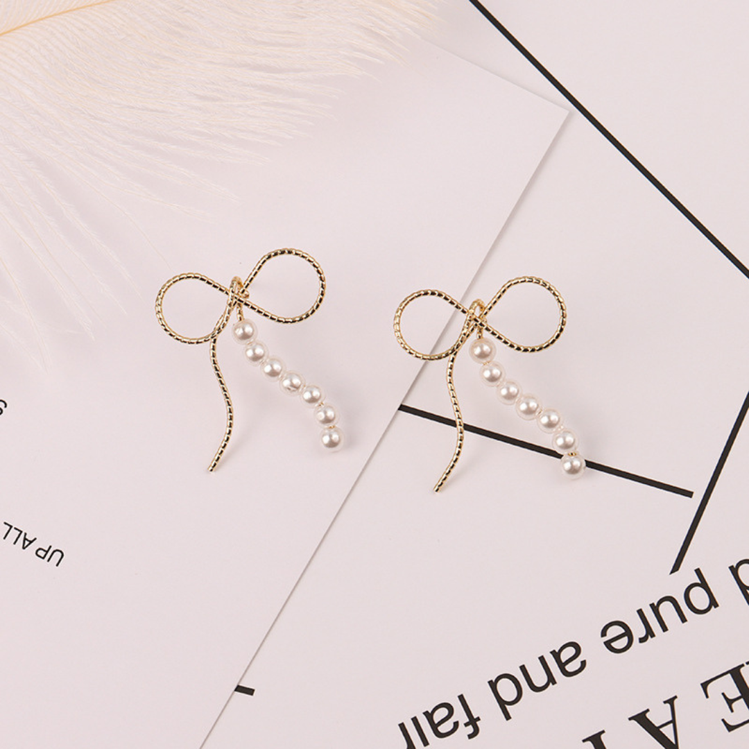 gold ribbon pearl earrings lf2884