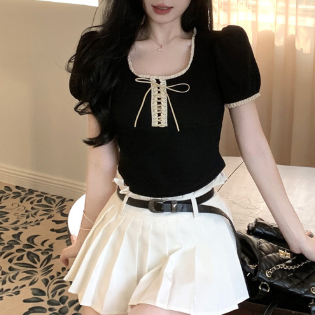 lace up short sleeve tops lf3174