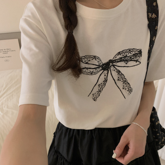 lace ribbon pattern T-shirt lf3153