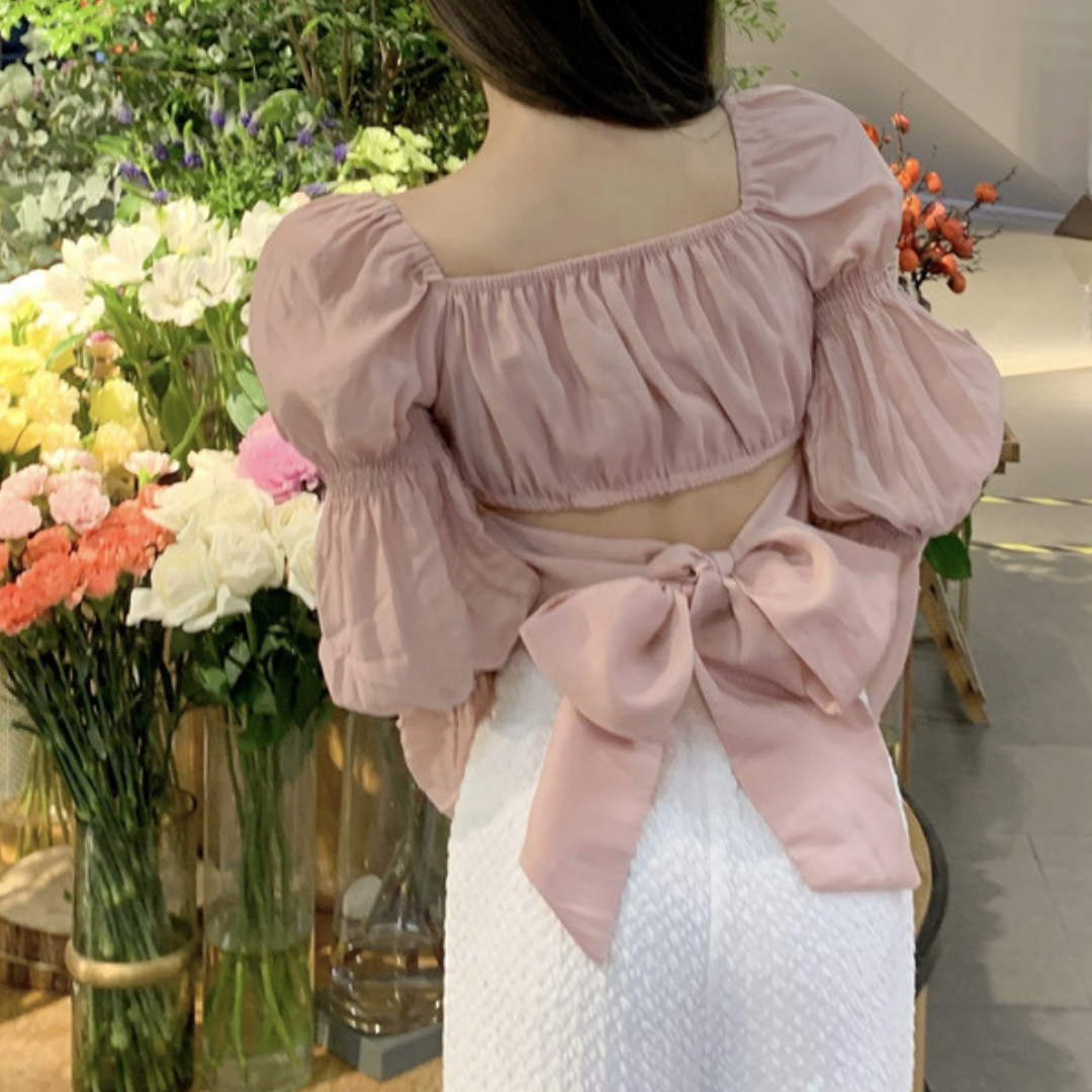 【即納】back ribbon balloon sleeve blouse lf-s1041