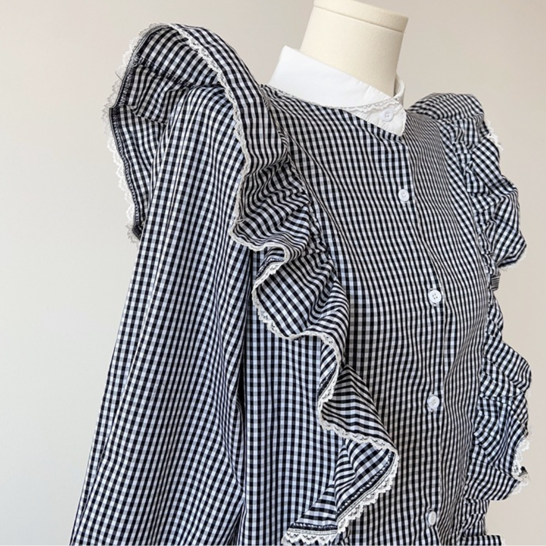 ginghamcheck frill french blouse lf2552