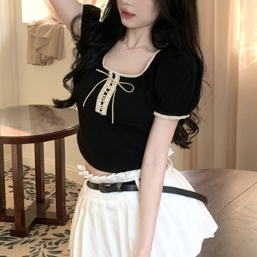 lace up short sleeve tops lf3174