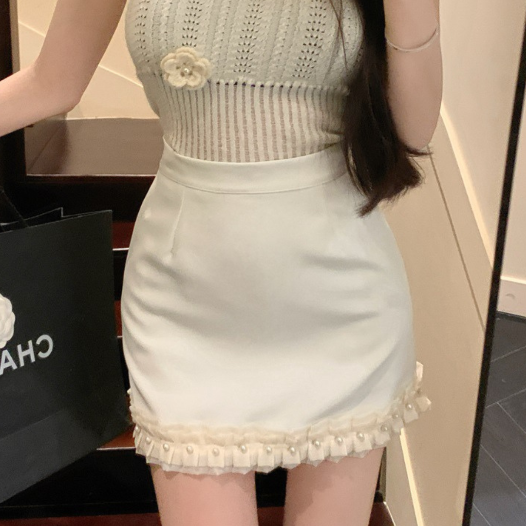 【即納】lace pearl trapezoid mini skirt lf3220