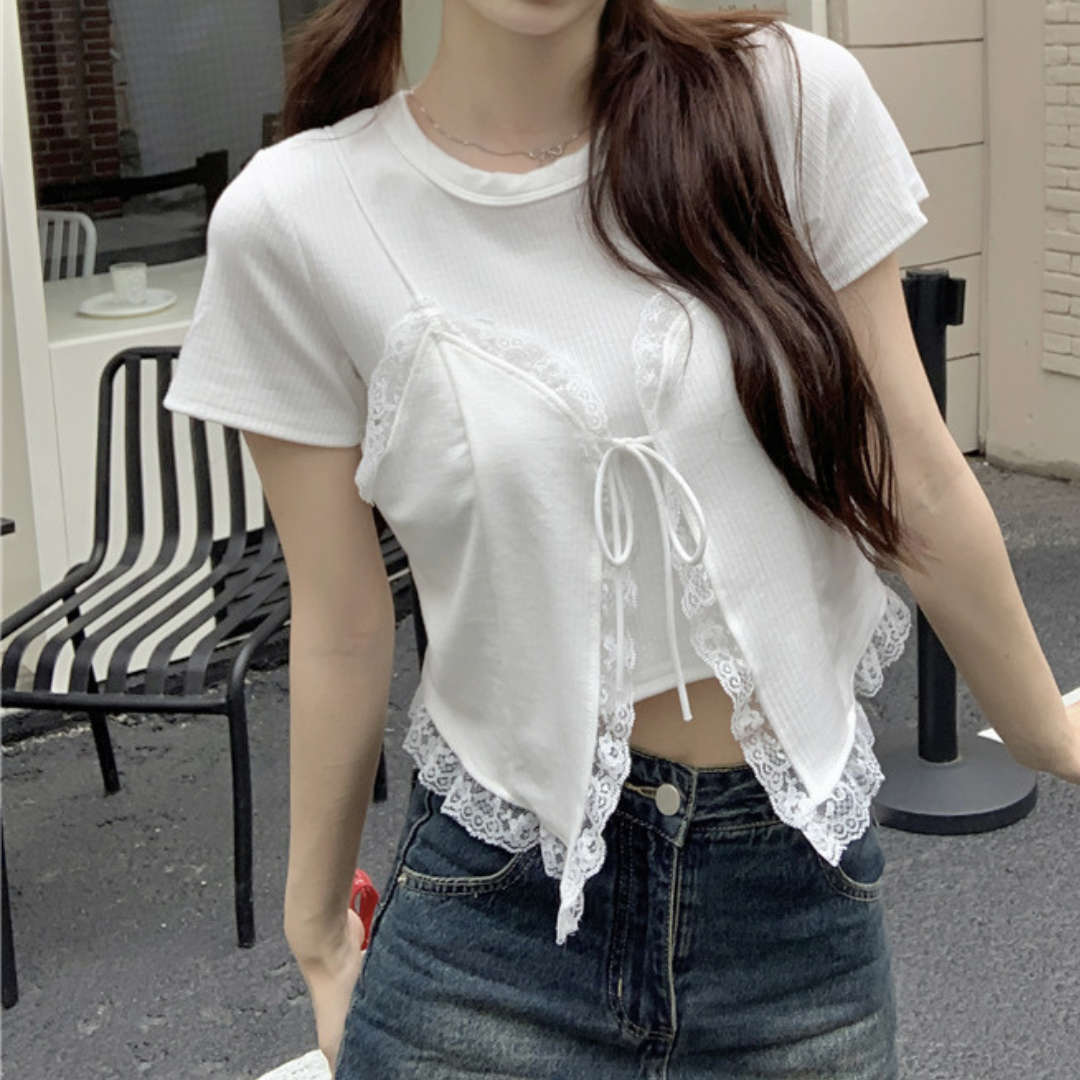 lace bustier short sleeve tops lf3272