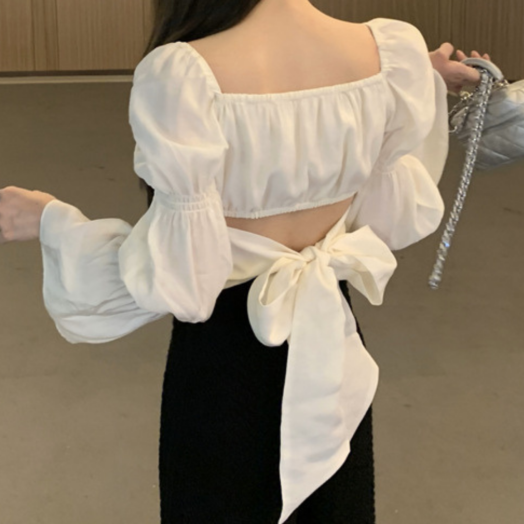 【即納】back ribbon balloon sleeve blouse lf-s1041