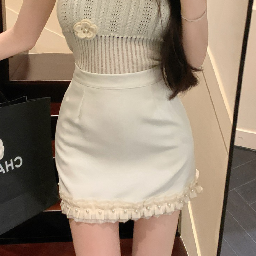 【即納】lace pearl trapezoid mini skirt lf3220