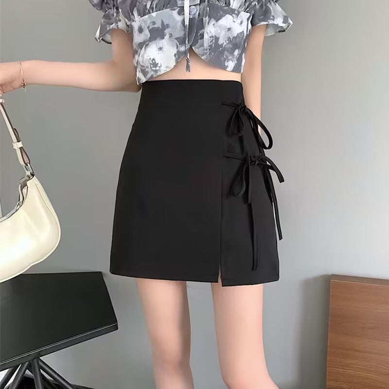 Side ribbon A-line mini skirt lf2905